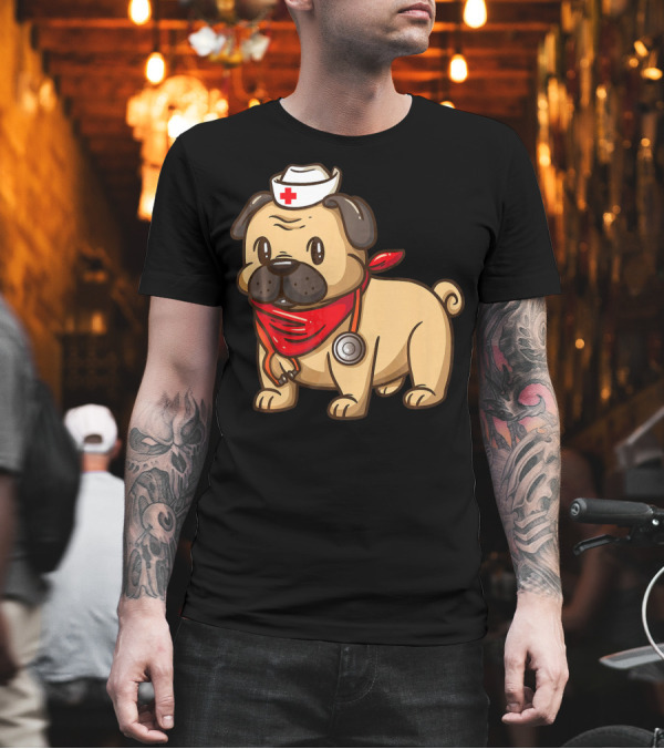 Cute Nurse Practitioner Pug Puppy Dog with Red Bandana and Nurse Hat T-Shirt Cute Nurse Practitioner Pug Puppy Dog with Red Bandana and Nurse Hat T-Shirt
