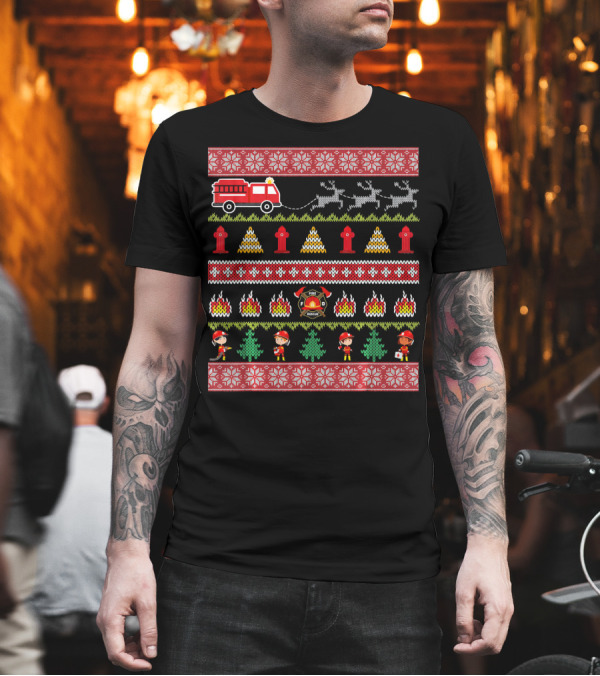 Firefighter Fireman Ugly Christmas Sweater Fire Truck Reindeer Fire Hydrant Badge T-Shirt Firefighter Fireman Ugly Christmas Sweater Fire Truck Reindeer Fire Hydrant Badge T-Shirt