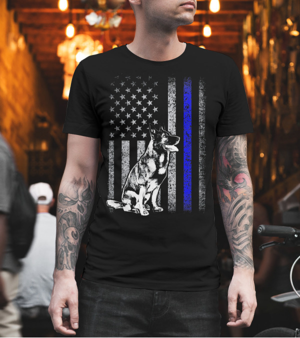 K9 Trainer Thin Blue Line American Flag with German Shepherd T-Shirt K9 Trainer Thin Blue Line American Flag with German Shepherd T-Shirt