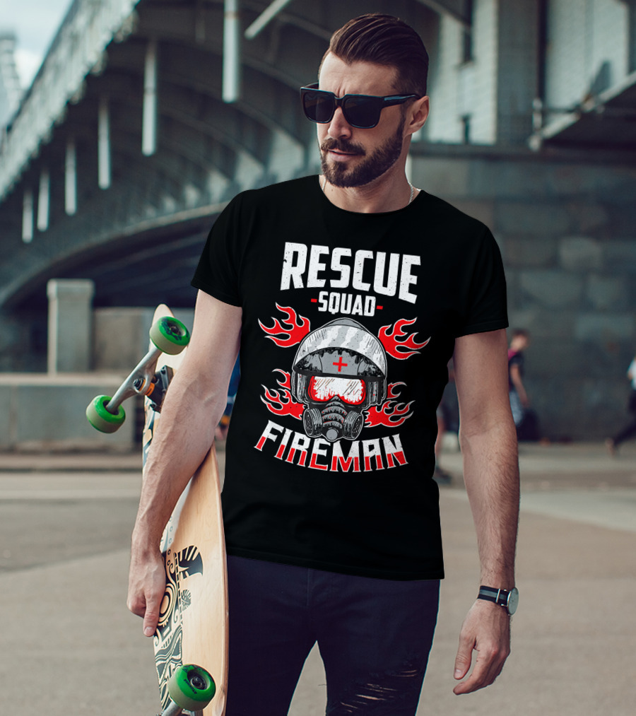 Rescue Squad Fireman Dad Firefighter Helmet And Flames T-Shirt