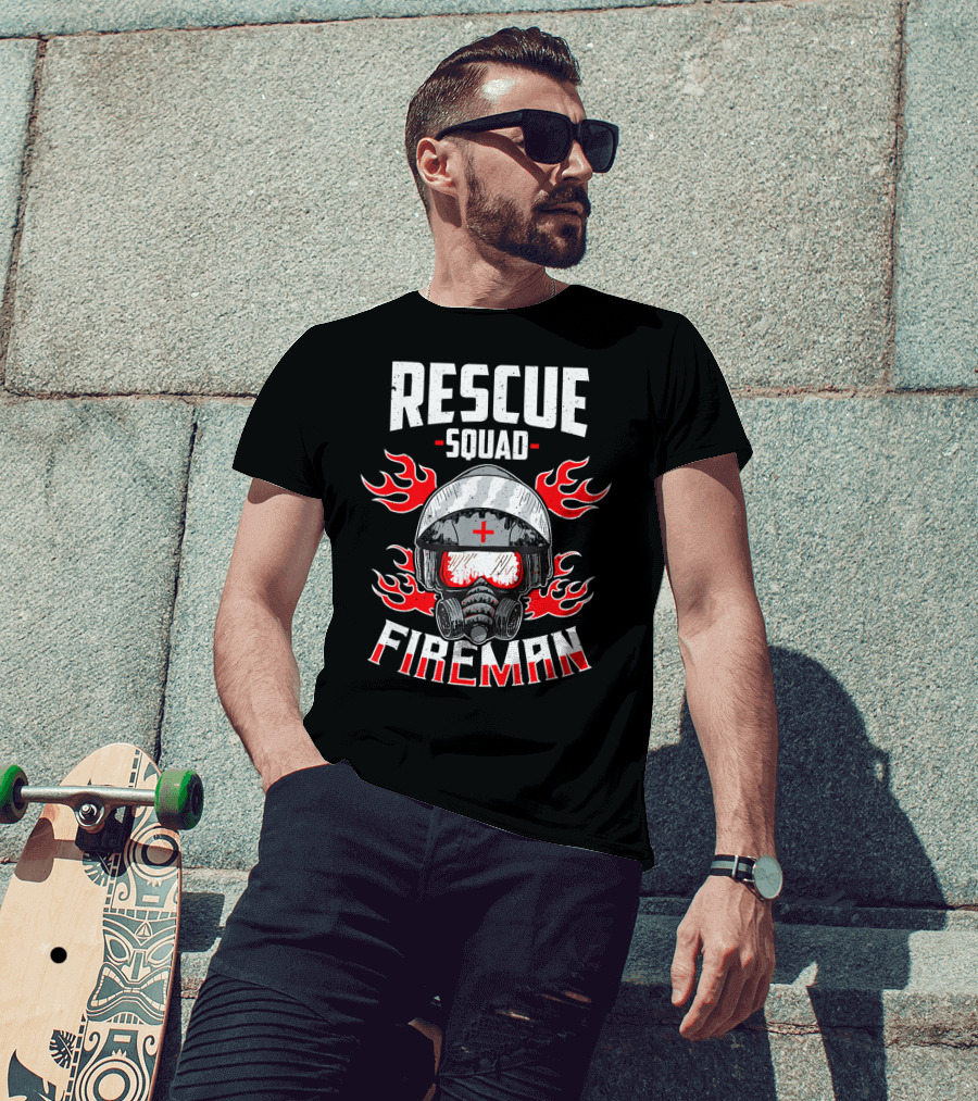 Rescue Squad Fireman Dad Firefighter Helmet And Flames T-Shirt