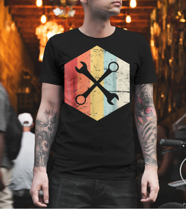 Retro Wrenches Mechanic Vintage Stripes Logo Hexagon T-Shirt Retro Wrenches Mechanic Vintage Stripes Logo Hexagon T-Shirt