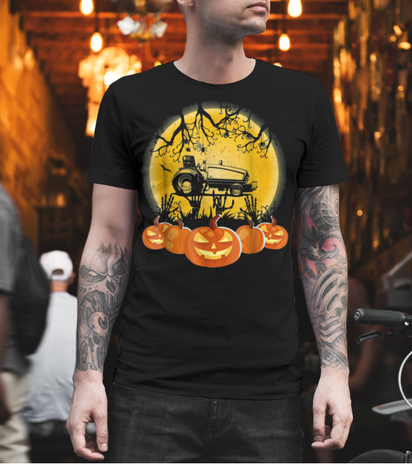 Tractor Under Full Moon with Halloween Pumpkins T-Shirt Tractor Under Full Moon with Halloween Pumpkins T-Shirt