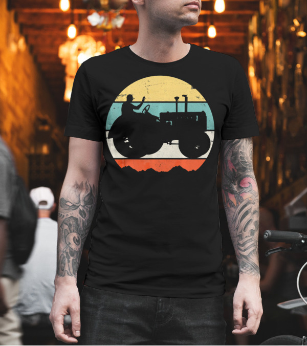 Vintage Tractor Silhouette with Sunset Stripes and Mountain Background T-Shirt Vintage Tractor Silhouette with Sunset Stripes and Mountain Background T-Shirt