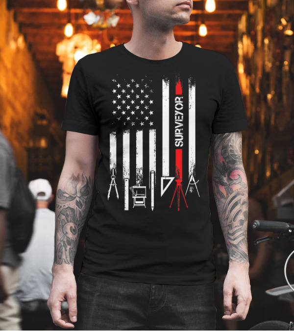 American Flag Stripes with Surveyor Tools and Text T-Shirt American Flag Stripes with Surveyor Tools and Text T-Shirt