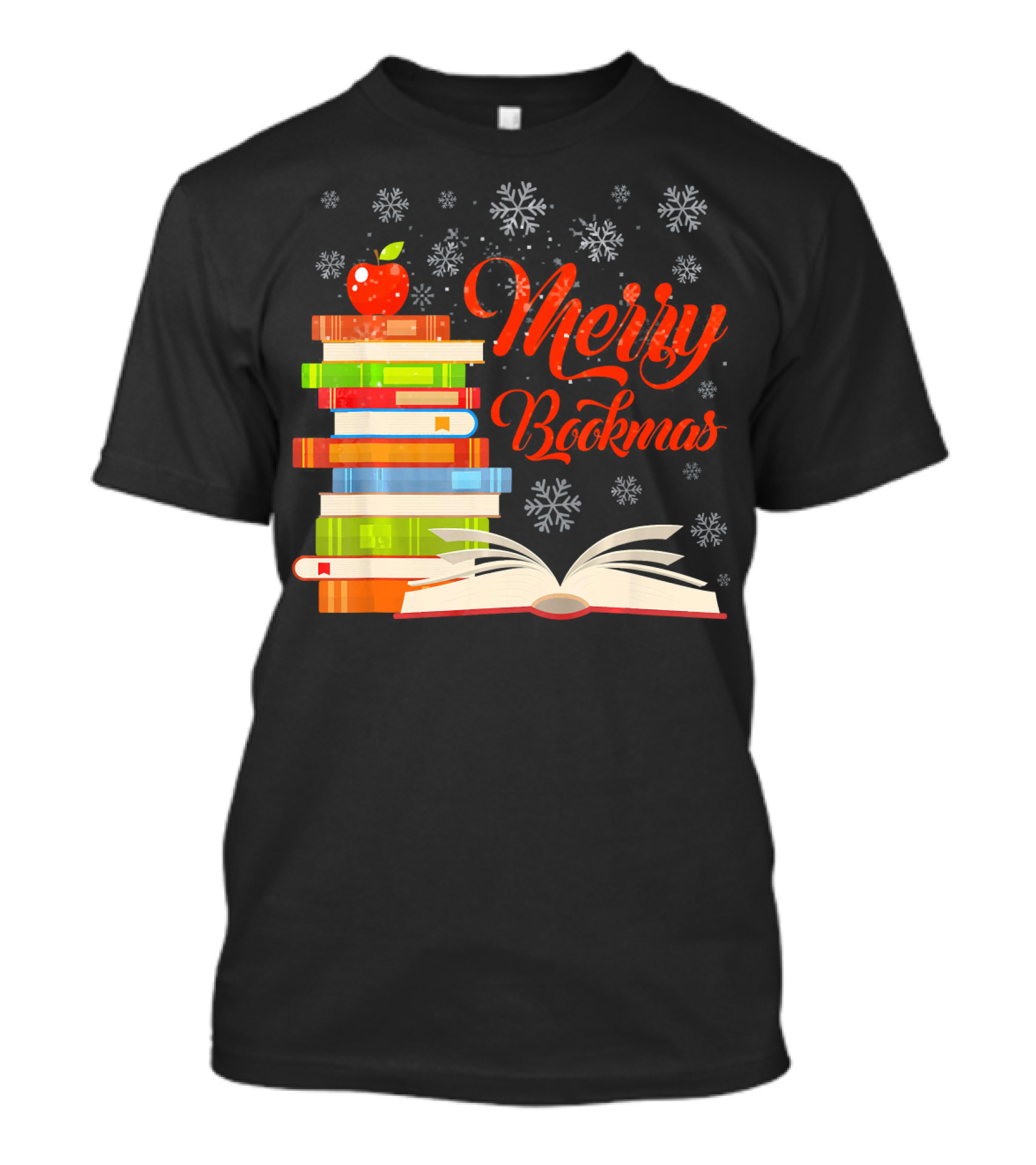 Merry Bookmas Christmas Reading With Snowflakes And Apple On Books T-Shirt
