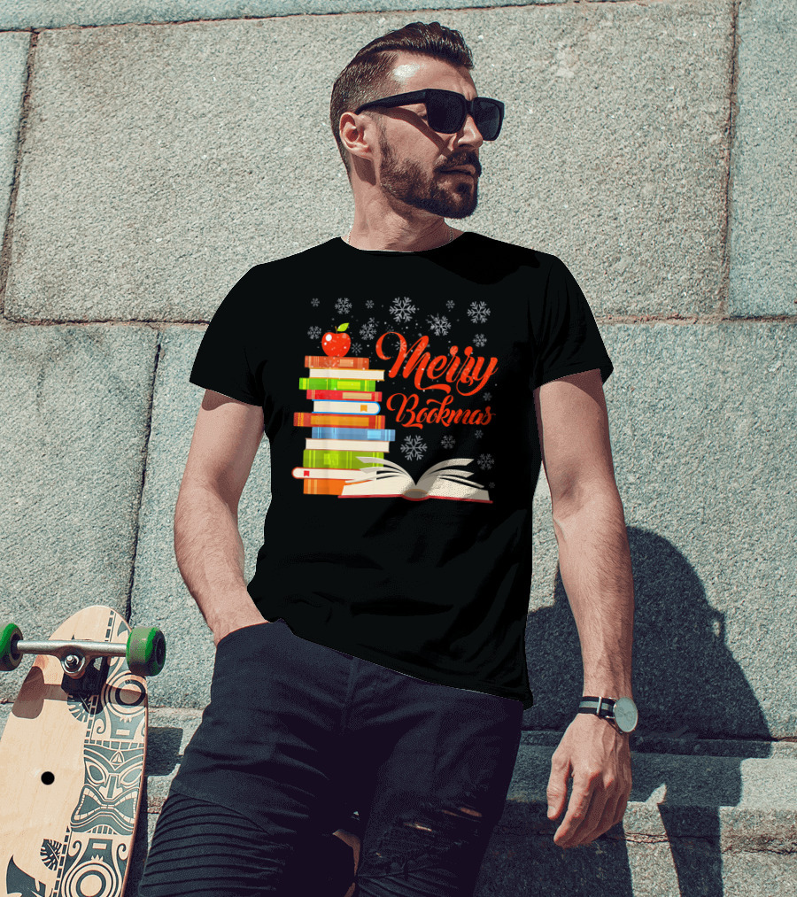 Merry Bookmas Christmas Reading With Snowflakes And Apple On Books T-Shirt