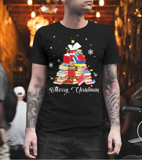 Merry Christmas Book Tree with Stars and Snowflakes T-Shirt Merry Christmas Book Tree with Stars and Snowflakes T-Shirt