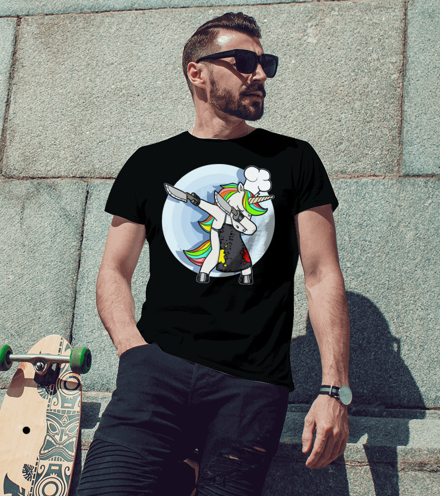 Unicorn Dabbing Chef With Rainbow Hair And Knives T-Shirt