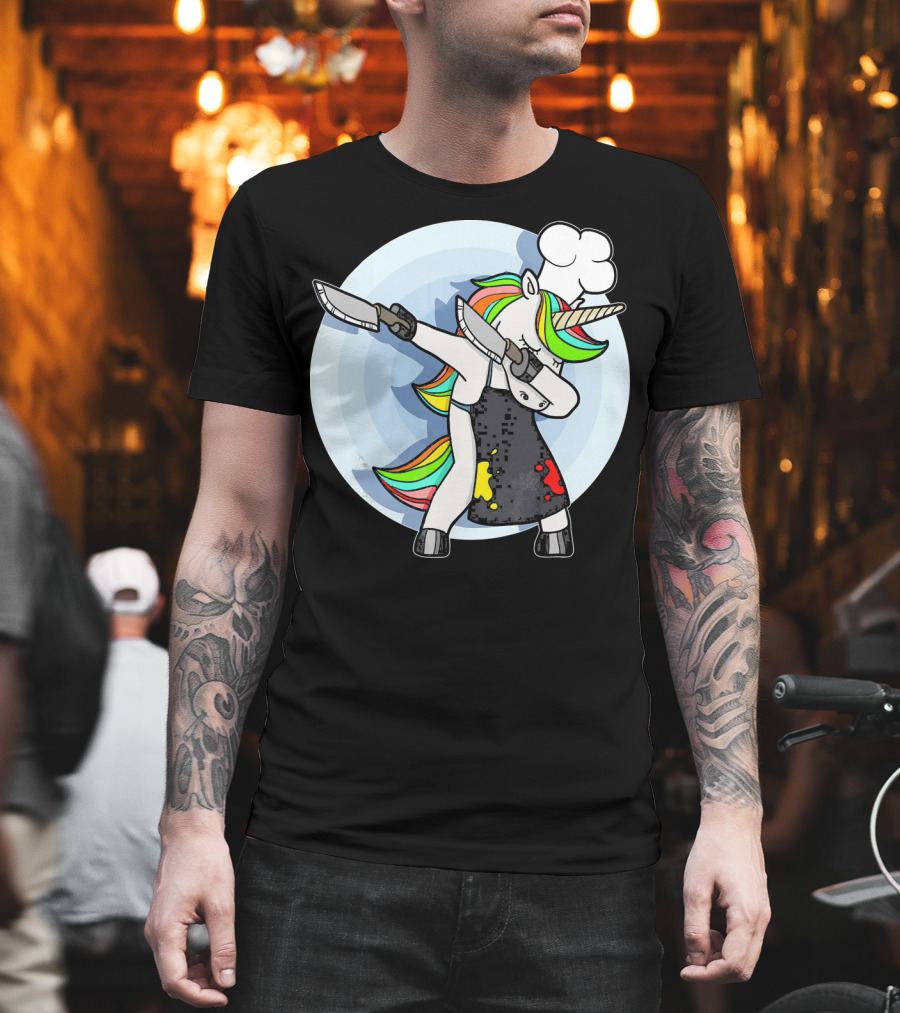 Unicorn Dabbing Chef With Rainbow Hair And Knives T-Shirt