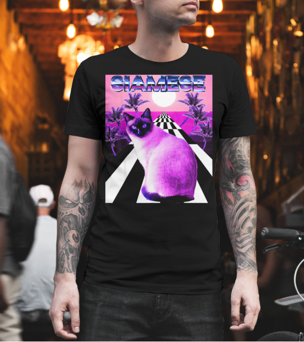 Siamese Cat Vaporwave Retro Aesthetic Sunset Palms Checkerboard T-Shirt Siamese Cat Vaporwave Retro Aesthetic Sunset Palms Checkerboard T-Shirt