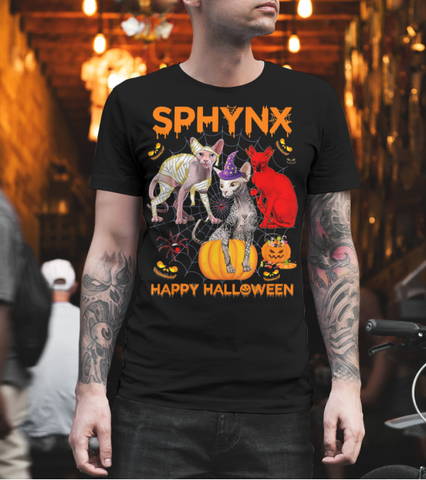 Sphynx Cats Halloween Pumpkin Mummy Witch Hat Red Cat T-Shirt Sphynx Cats Halloween Pumpkin Mummy Witch Hat Red Cat T-Shirt