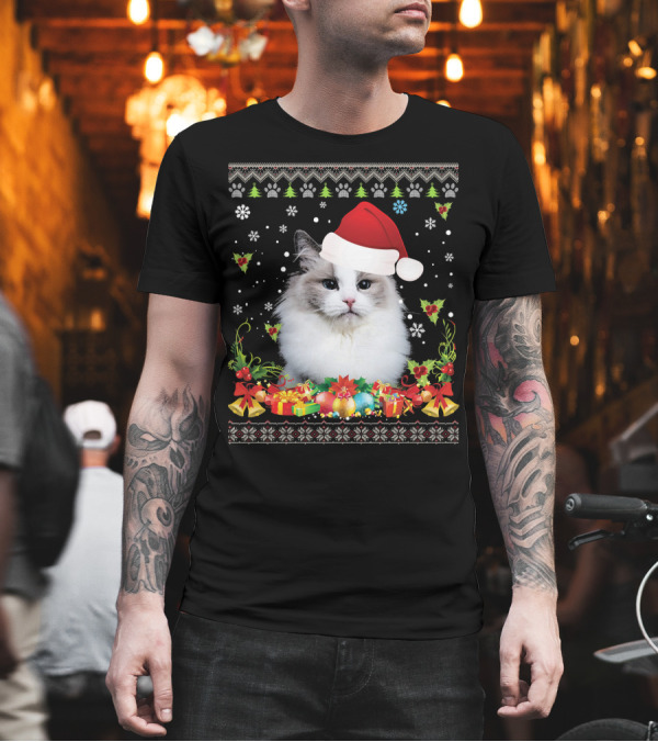 Festive Ragdoll Cat with Santa Hat and Christmas Decorations T-Shirt Festive Ragdoll Cat with Santa Hat and Christmas Decorations T-Shirt