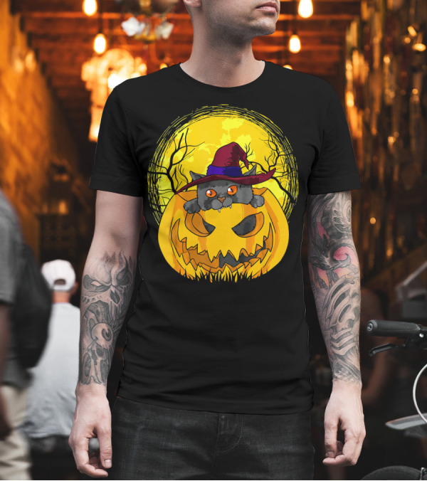 Cute Kitten in Pumpkin with Witch Hat and Fangs on Spooky Halloween Night T-Shirt Cute Kitten in Pumpkin with Witch Hat and Fangs on Spooky Halloween Night T-Shirt