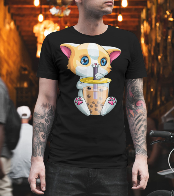 Kawaii Cat Enjoys Boba Tea with Bubble Drink in Cute T-Shirt Kawaii Cat Enjoys Boba Tea with Bubble Drink in Cute T-Shirt