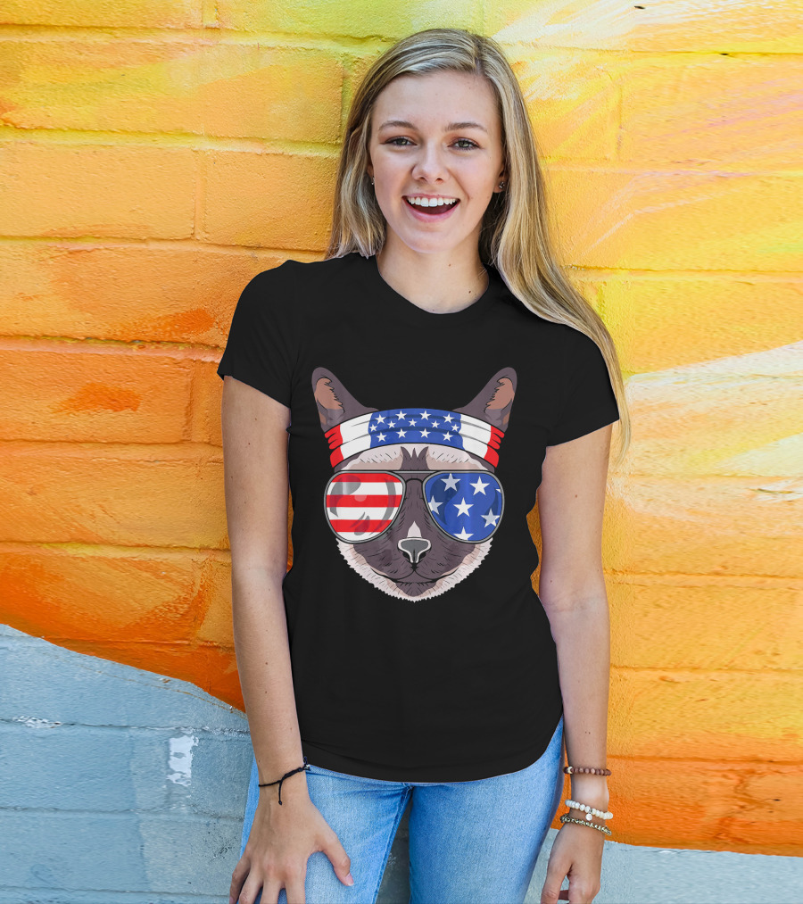 USA Patriotic Siamese Cat With American Flag Sunglasses And Headband For July T-Shirt