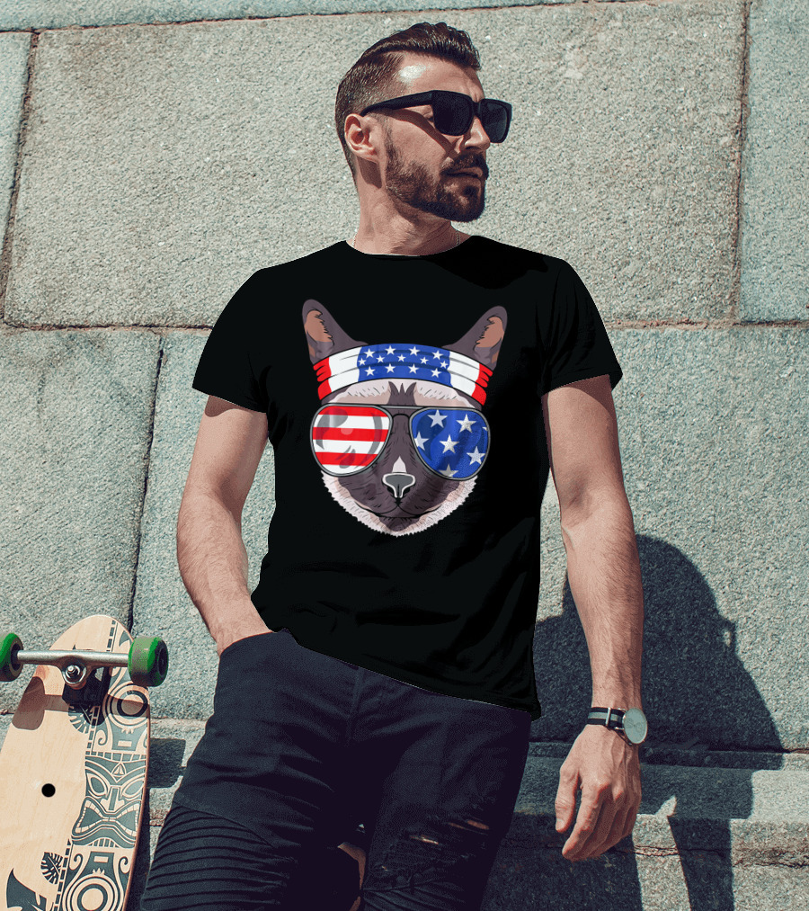 USA Patriotic Siamese Cat With American Flag Sunglasses And Headband For July T-Shirt