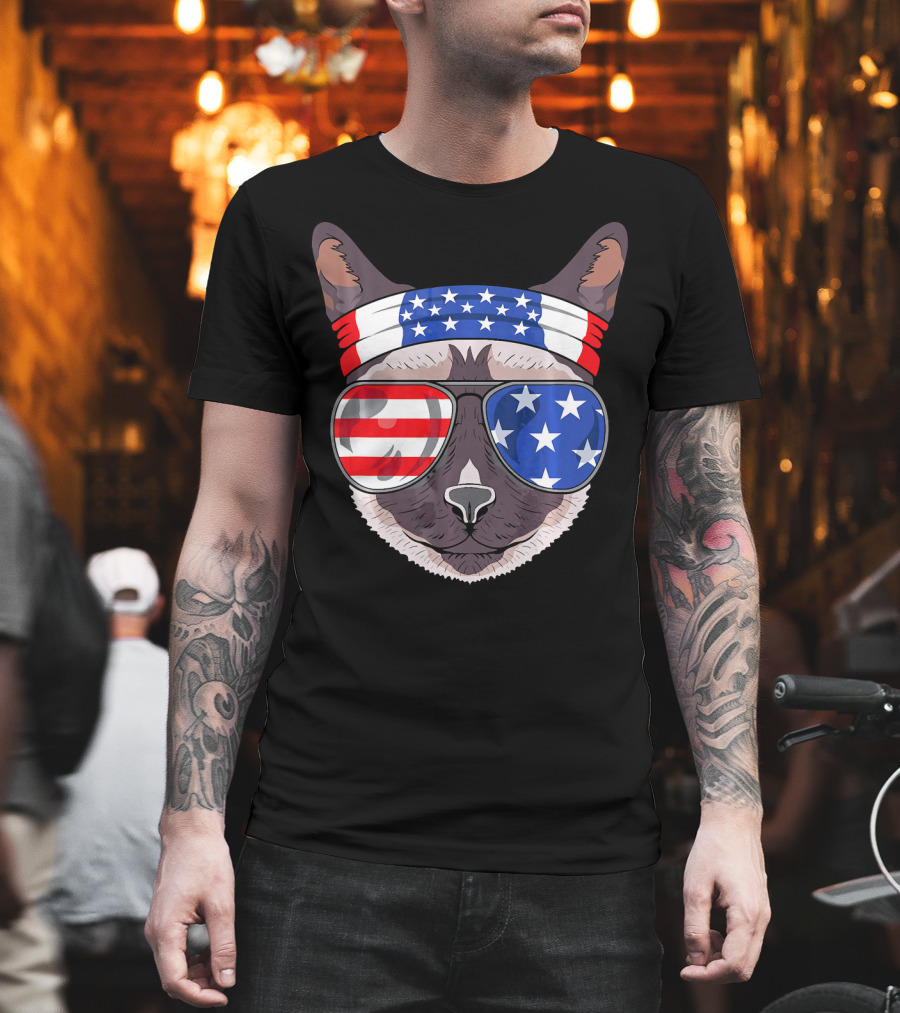 USA Patriotic Siamese Cat With American Flag Sunglasses And Headband For July T-Shirt