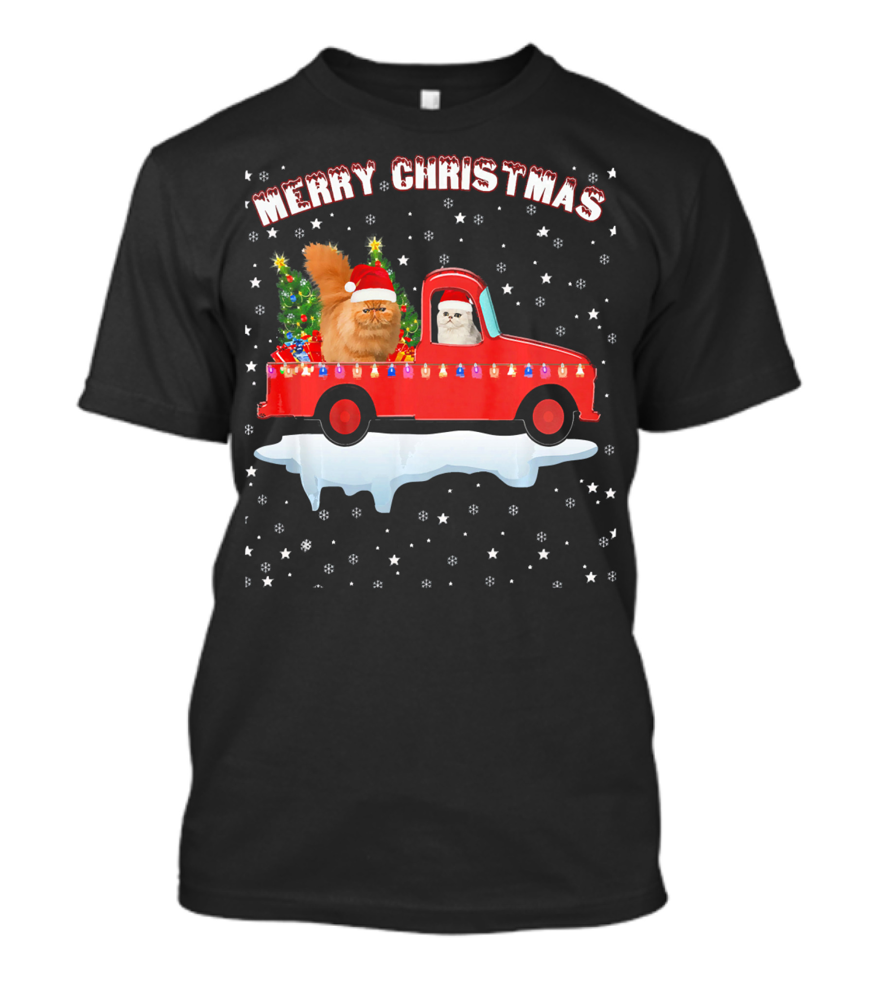 Merry Christmas Persian Cat Riding Red Truck With Lights And Tree T-Shirt