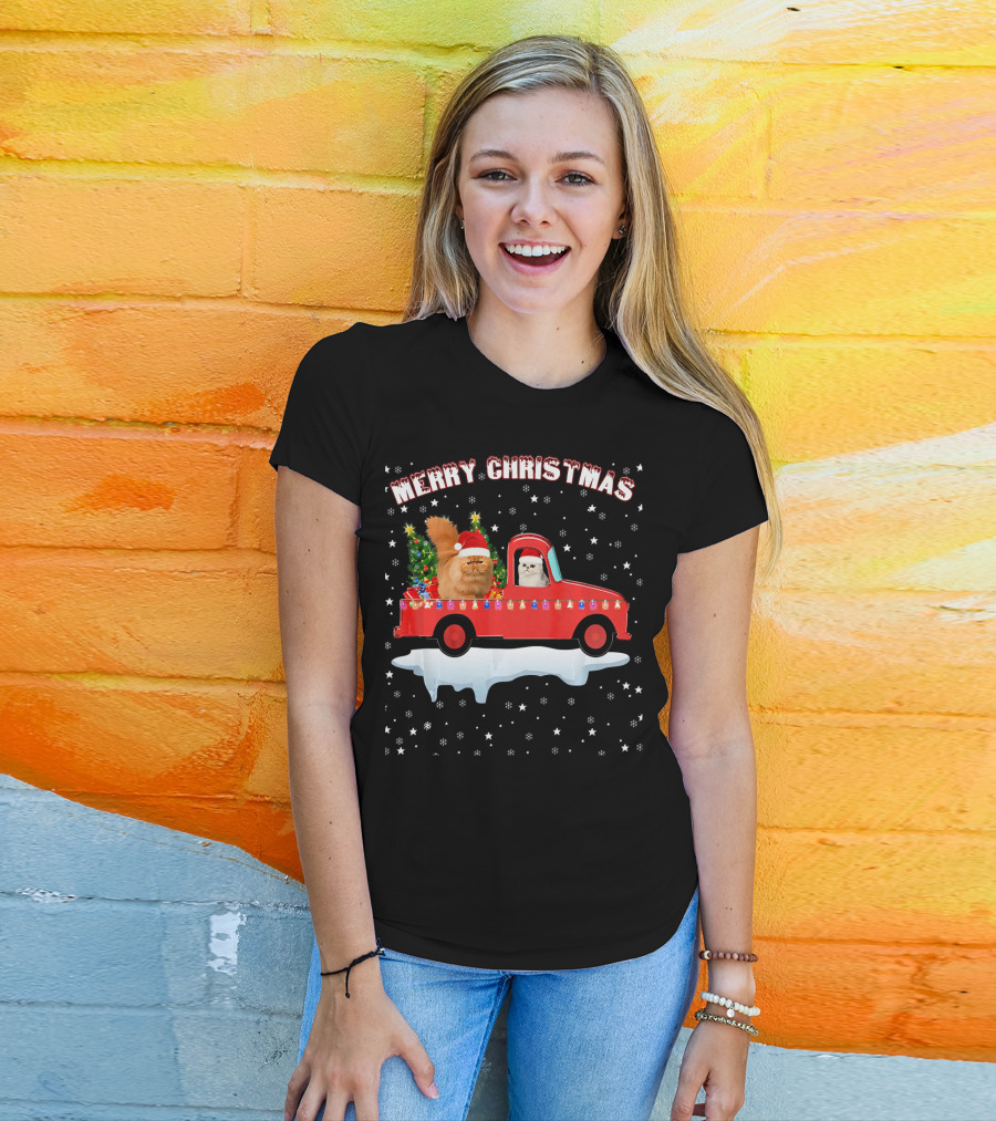 Merry Christmas Persian Cat Riding Red Truck With Lights And Tree T-Shirt