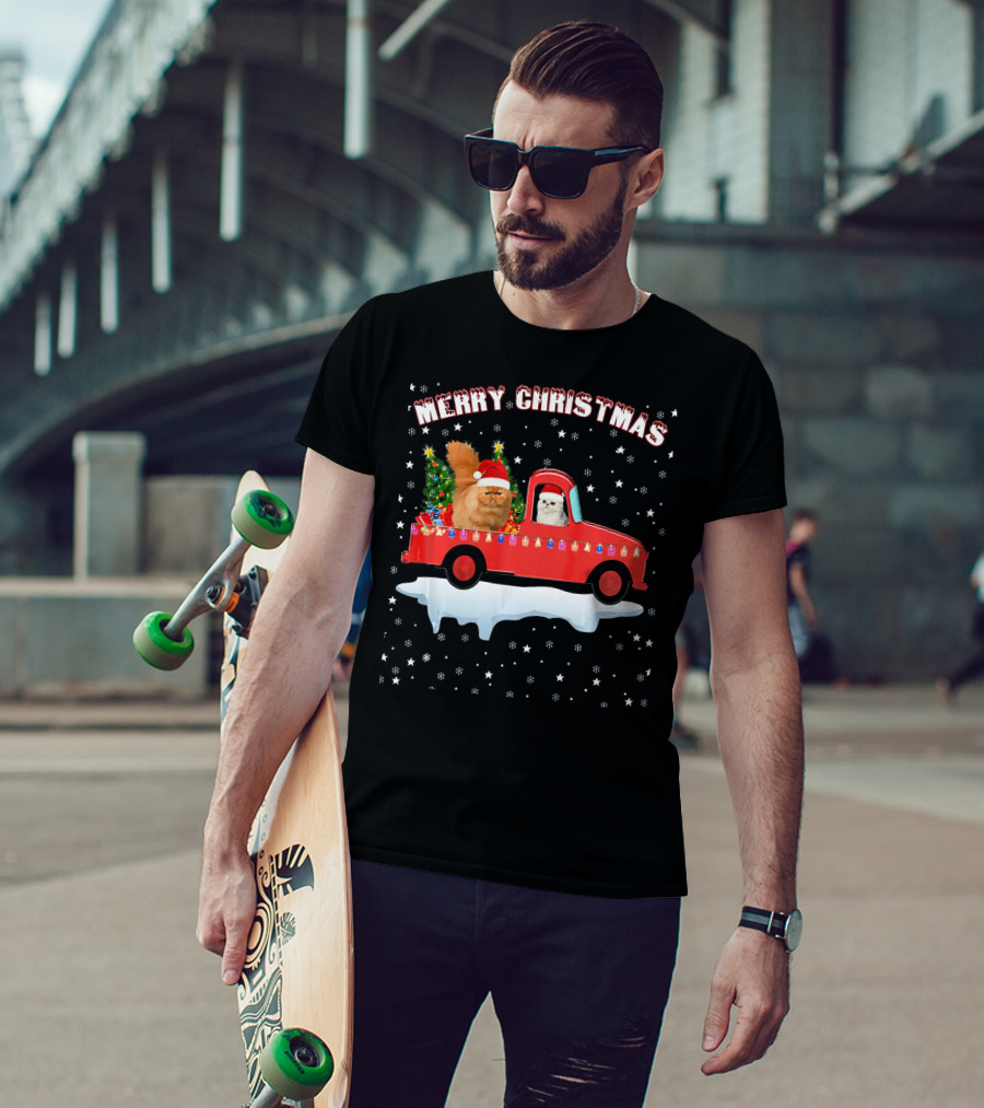 Merry Christmas Persian Cat Riding Red Truck With Lights And Tree T-Shirt