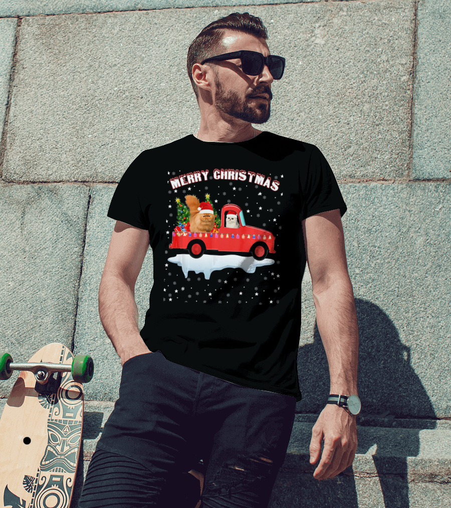 Merry Christmas Persian Cat Riding Red Truck With Lights And Tree T-Shirt