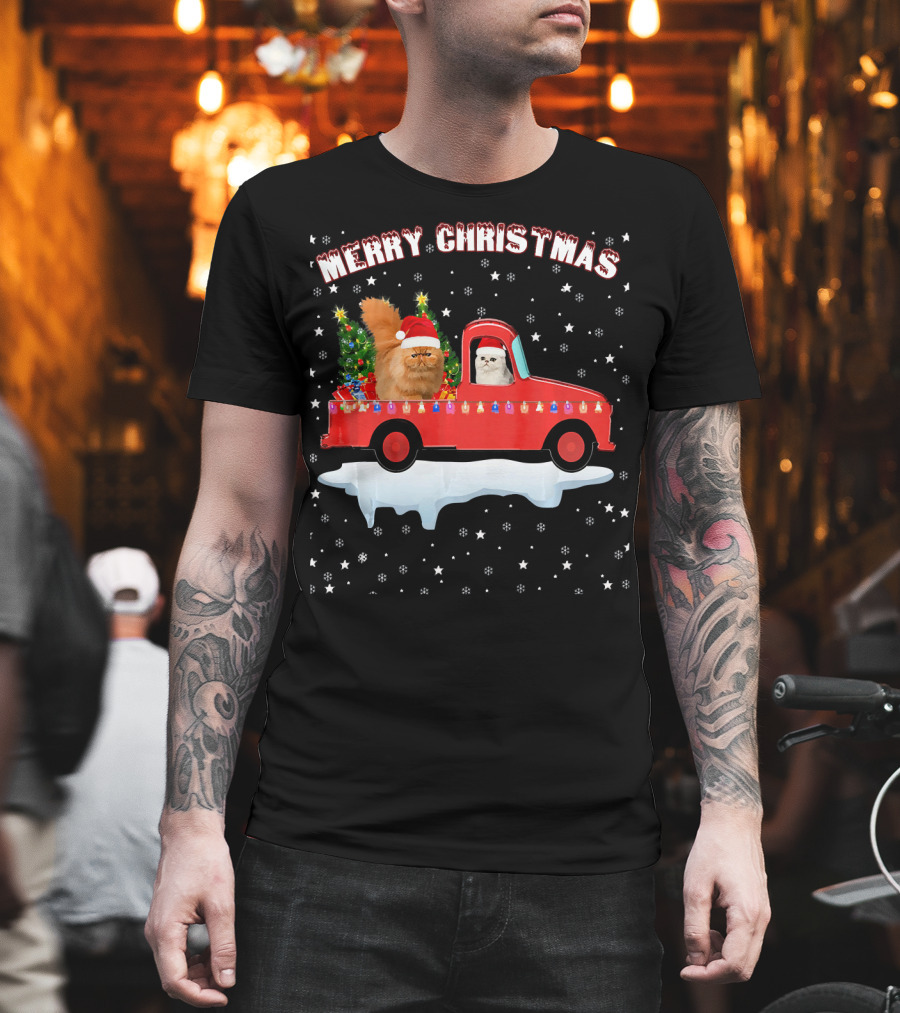 Merry Christmas Persian Cat Riding Red Truck With Lights And Tree T-Shirt