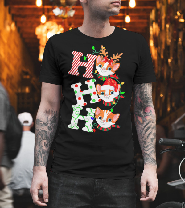 Ho Ho Ho Christmas Light Decor Cats with Santa Hat and Reindeer Antlers T-Shirt Ho Ho Ho Christmas Light Decor Cats with Santa Hat and Reindeer Antlers T-Shirt