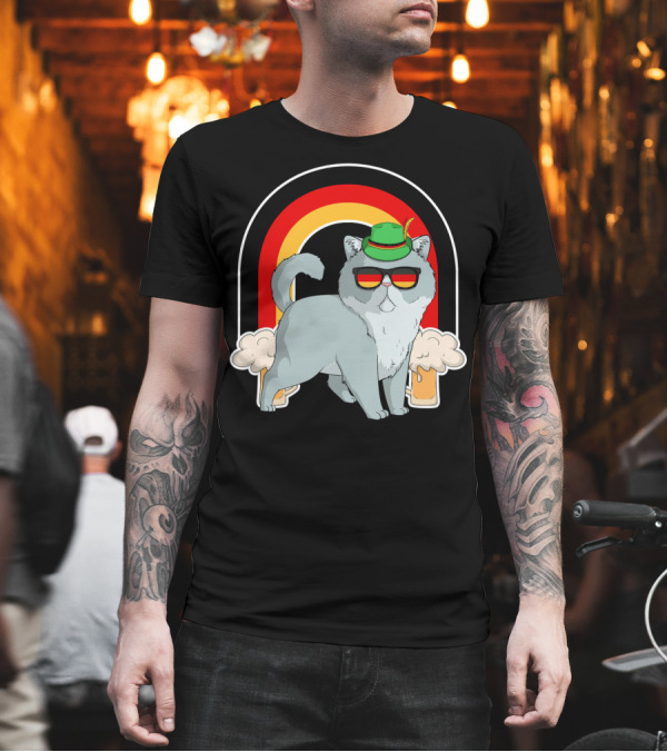 Exotic Shorthair Cat Wearing Oktoberfest Hat with Beer and Rainbow Background T-Shirt Exotic Shorthair Cat Wearing Oktoberfest Hat with Beer and Rainbow Background T-Shirt