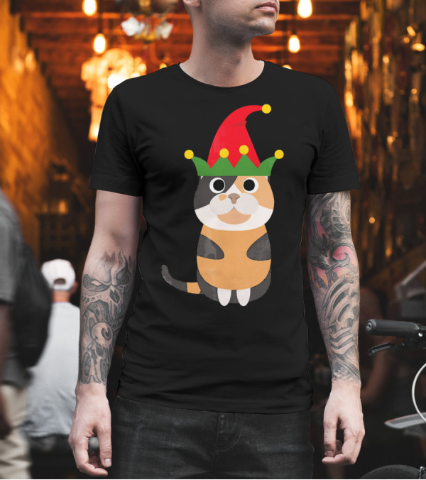 Funny UglyChristmas Calico Cat with Elf Hat T-Shirt Funny UglyChristmas Calico Cat with Elf Hat T-Shirt