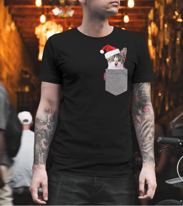 Funny Kitten in a Pocket Cute Cat With Santa Hat T-Shirt Funny Kitten in a Pocket Cute Cat With Santa Hat T-Shirt