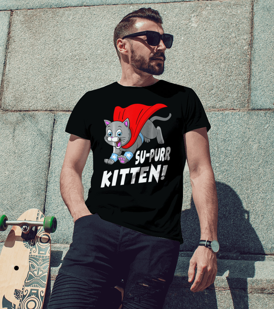 Su-Purr Kitten Funny Hero Cat With Red Cape And Stars T-Shirt