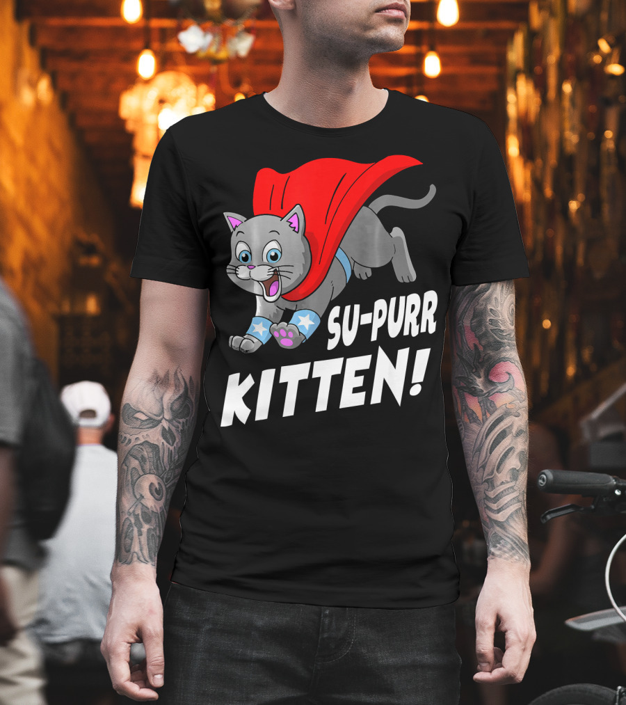 Su-Purr Kitten Funny Hero Cat With Red Cape And Stars T-Shirt