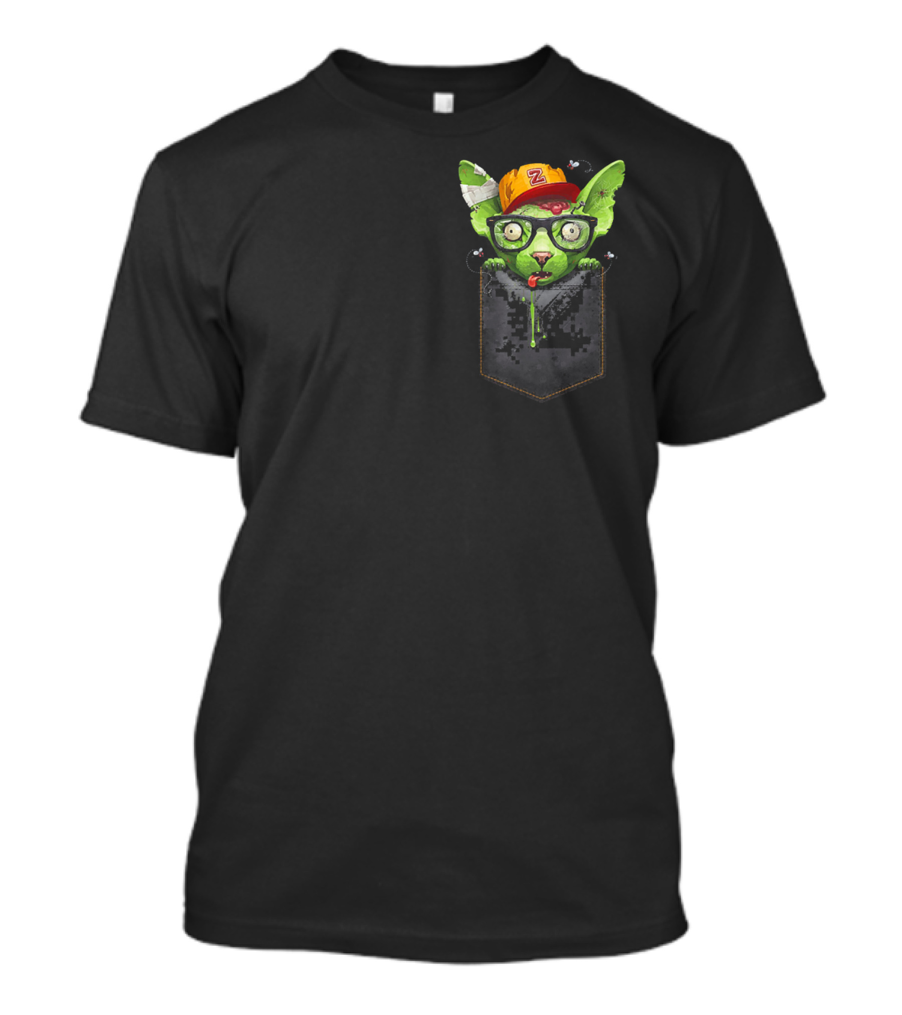 Zombie Sphynx Cat With Glasses And Cap In Pixel Chest Pocket T-Shirt