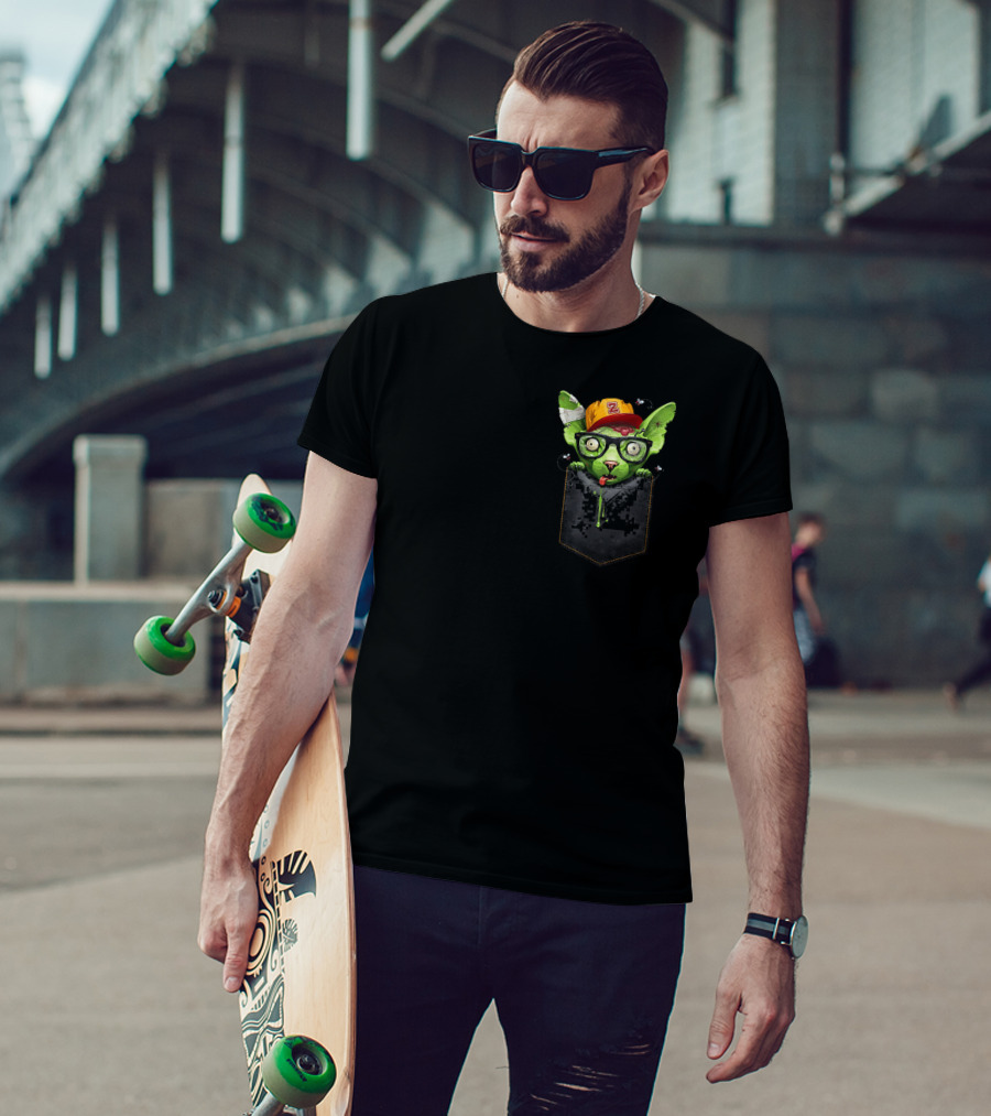 Zombie Sphynx Cat With Glasses And Cap In Pixel Chest Pocket T-Shirt