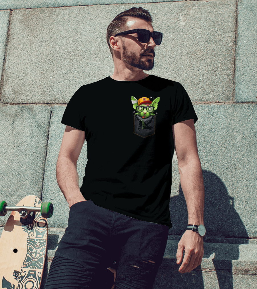 Zombie Sphynx Cat With Glasses And Cap In Pixel Chest Pocket T-Shirt
