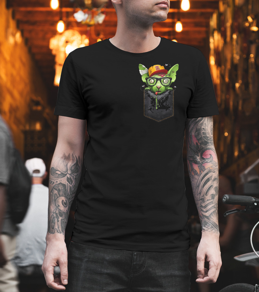 Zombie Sphynx Cat With Glasses And Cap In Pixel Chest Pocket T-Shirt