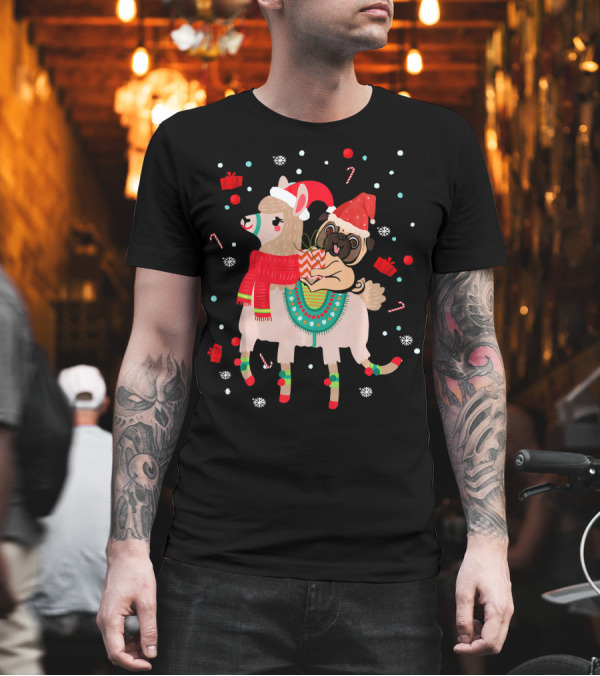 Christmas Pug Llama with Santa Hats and Gifts T-Shirt Christmas Pug Llama with Santa Hats and Gifts T-Shirt