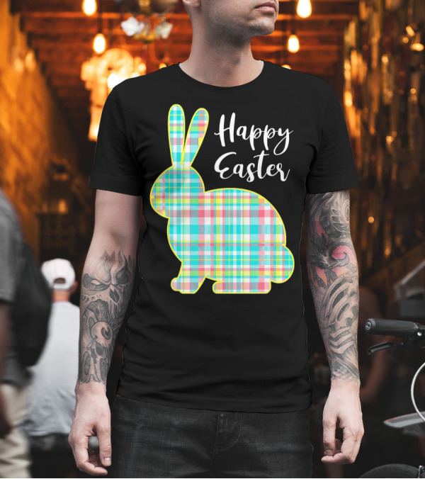 Happy Easter Multi Color Plaid Bunny T-Shirt Happy Easter Multi Color Plaid Bunny T-Shirt
