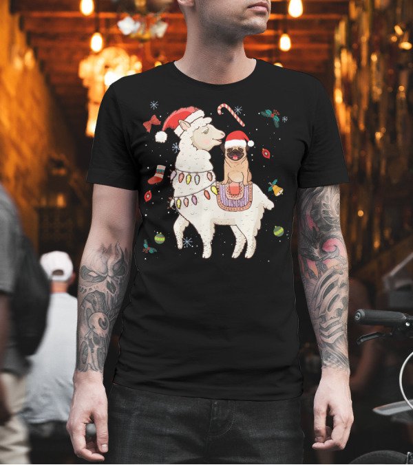 Funny Christmas Llama Alpaca with Santa Hat Pug T-Shirt Funny Christmas Llama Alpaca with Santa Hat Pug T-Shirt