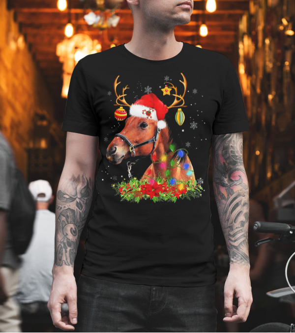 Horse Santa Antlers Ornaments Lights Snowflakes T-Shirt Horse Santa Antlers Ornaments Lights Snowflakes T-Shirt