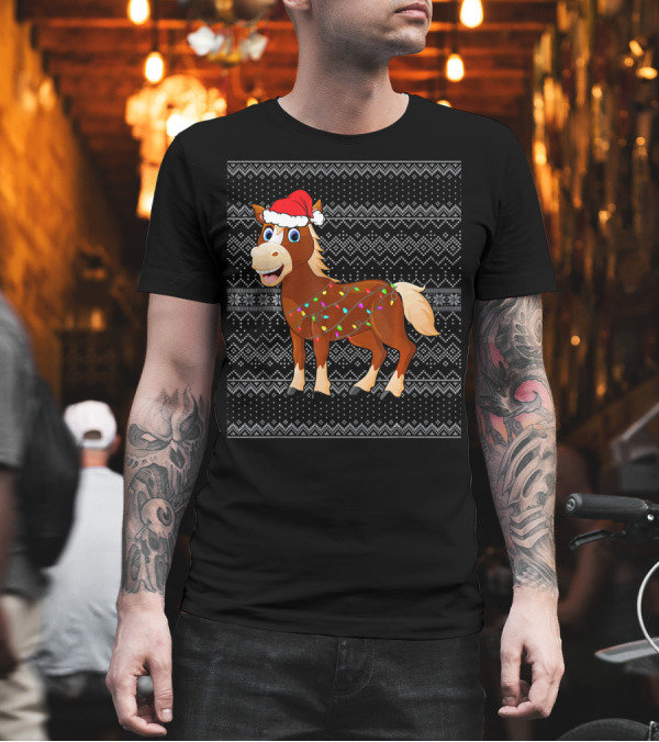 Horse in Santa Hat Wrapped in Christmas Lights with Festive Knit Background T-Shirt Horse in Santa Hat Wrapped in Christmas Lights with Festive Knit Background T-Shirt