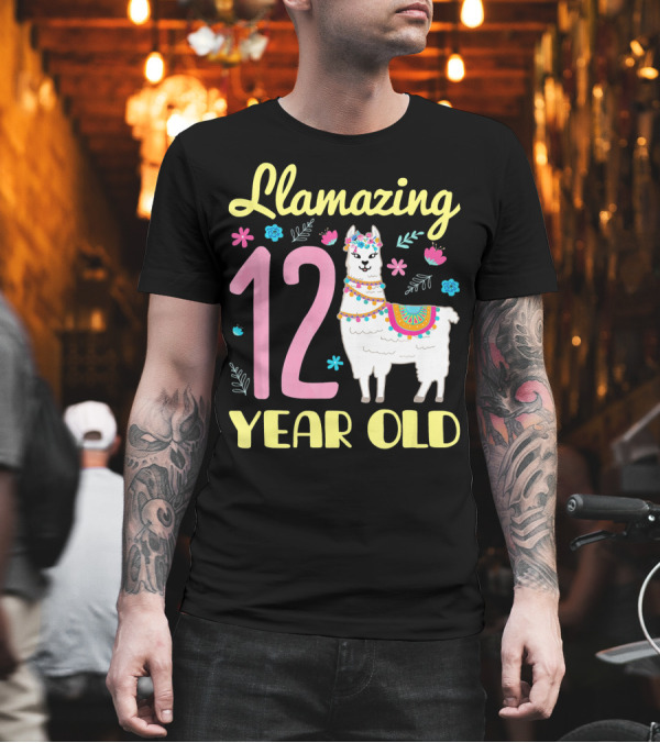 Llamazing 12 Year Old Birthday Celebration with Colorful Floral Llama T-Shirt Llamazing 12 Year Old Birthday Celebration with Colorful Floral Llama T-Shirt