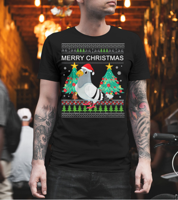 Merry Christmas Pigeon Funny Ugly Sweater Santa Hat Xmas Trees T-Shirt Merry Christmas Pigeon Funny Ugly Sweater Santa Hat Xmas Trees T-Shirt