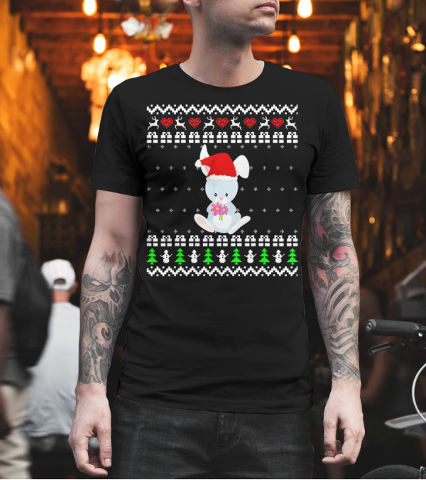 Santa Hat Rabbit with Christmas Pattern and Flowers T-Shirt Santa Hat Rabbit with Christmas Pattern and Flowers T-Shirt