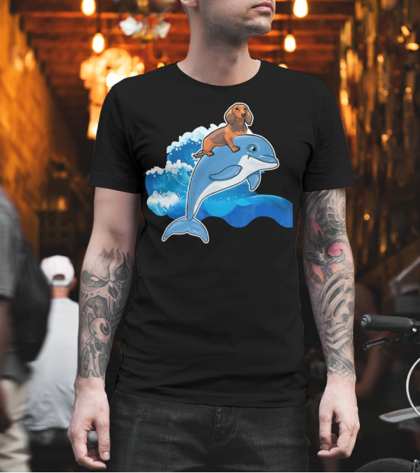 Dachshund Riding on a Dolphin Waving Through the Ocean T-Shirt Dachshund Riding on a Dolphin Waving Through the Ocean T-Shirt