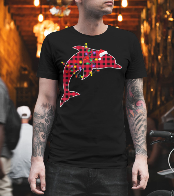 Christmas Decorations Red Plaid Buffalo Dolphin with Santa Hat and Colorful Lights T-Shirt Christmas Decorations Red Plaid Buffalo Dolphin with Santa Hat and Colorful Lights T-Shirt