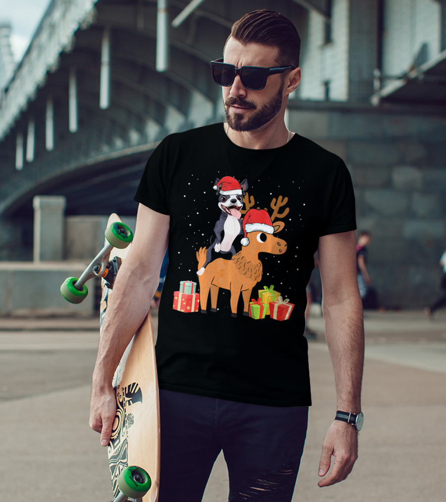 Boston Terrier And Deer Christmas Santa Hats And Gifts T-Shirt