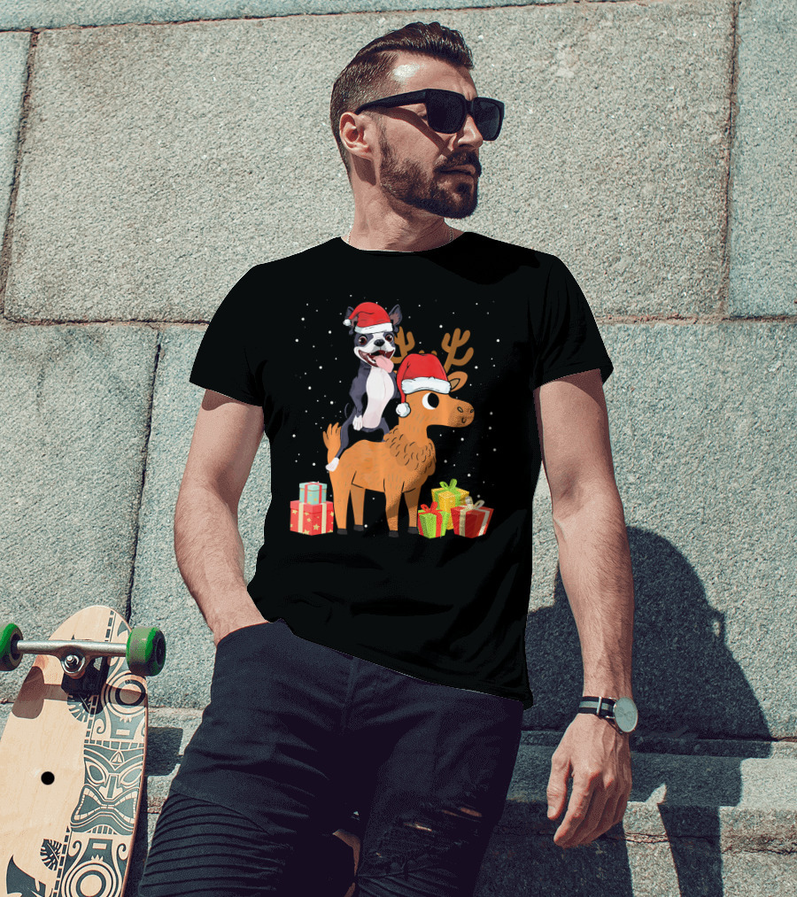 Boston Terrier And Deer Christmas Santa Hats And Gifts T-Shirt