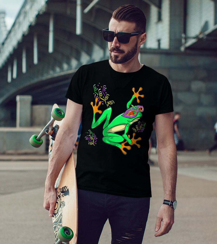 Frog Mardi Gras Mask And Colorful Confetti T-Shirt
